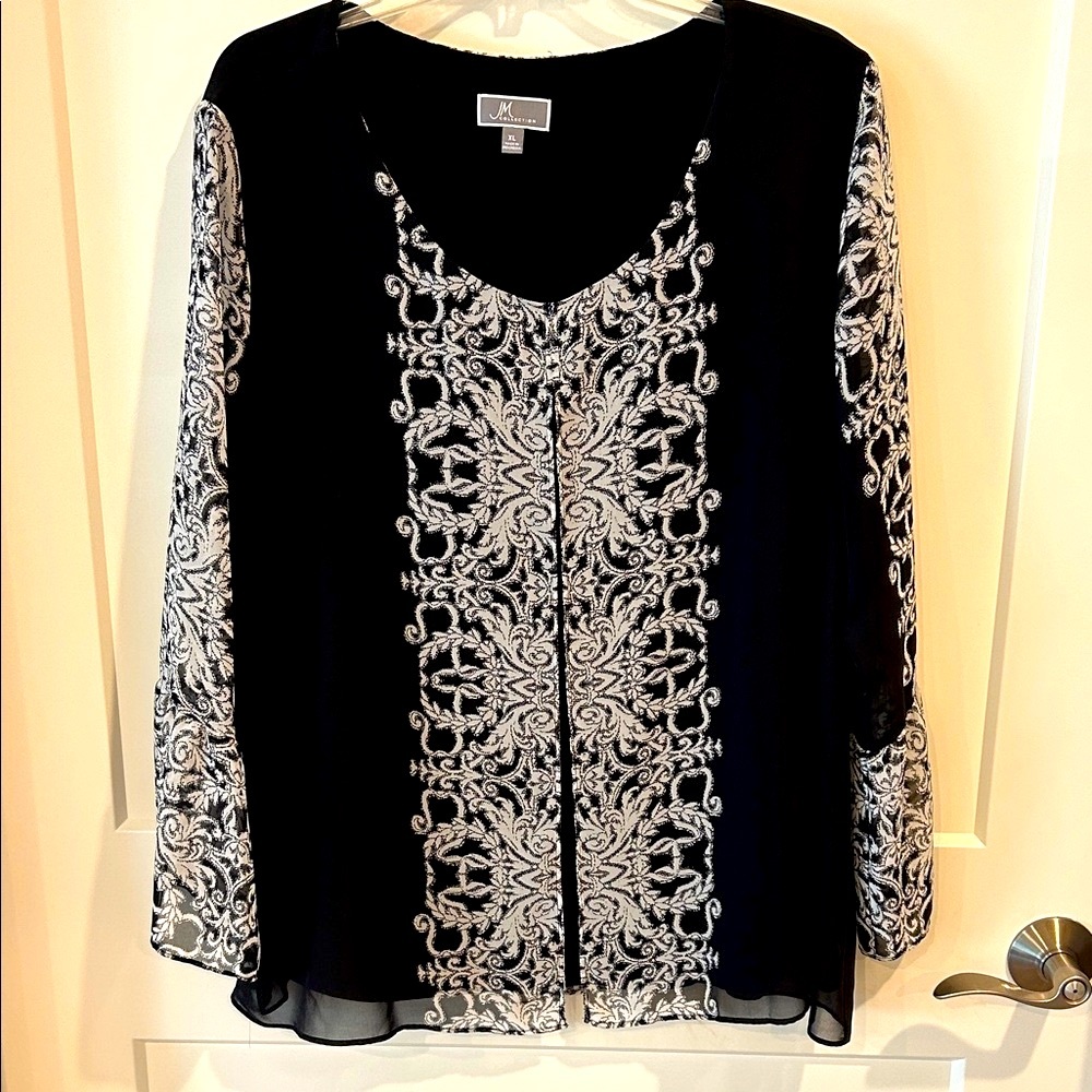JM Collection Black and Silver Geometric patterned long-sleeved Blouse, size XL